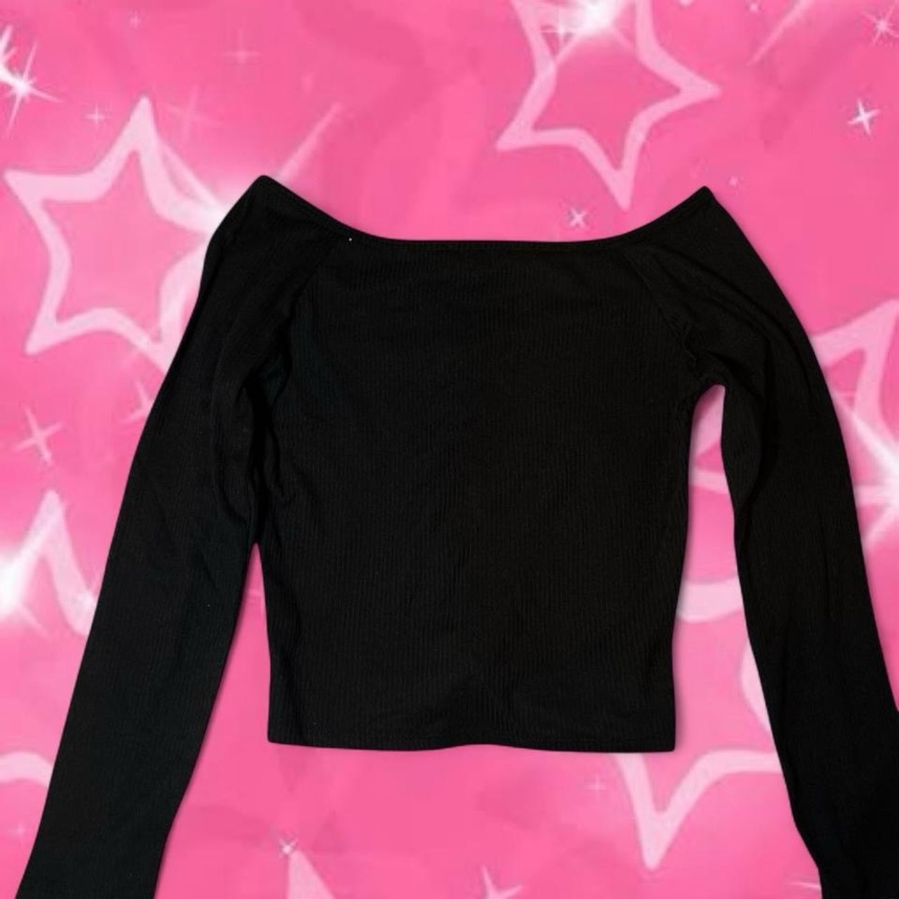 Black Ribbed Button-Front Long Sleeve Top - Picture 4 of 5